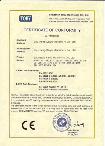 CE certificate from Zhucheng Kaiyu Machinery Co., Ltd.