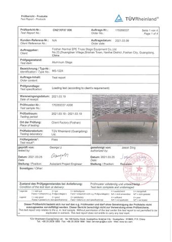 TUV product test report certificate from Foshan Nanhai Epe Truss Stage Equipment Co., Ltd