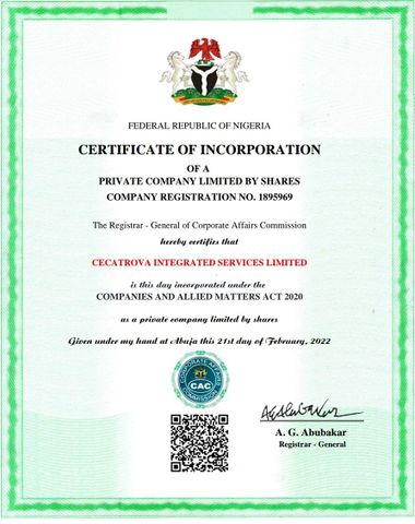 RC CERTIFICATE certificate from Cecatrova Integrated Services Limited