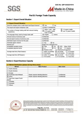 SUPPLIER ASSESSMENT REPORT certificate from Ningbo Haida Plastic Machinery Co., Ltd.
