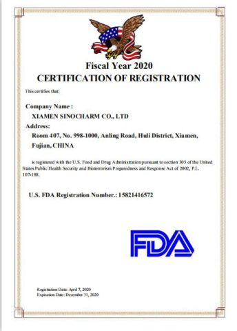 FDA certificate from Xiamen Sinocharm Co., Ltd.