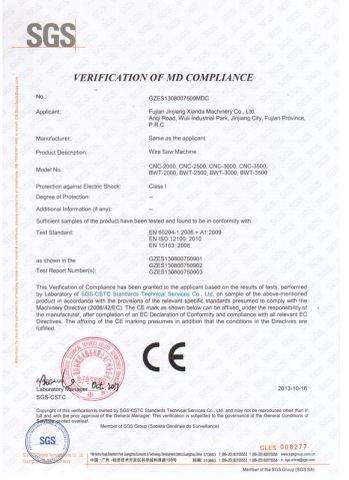 Xianda Machine CE Certificate certificate from Fujian Xianda Machinery Co., Ltd.