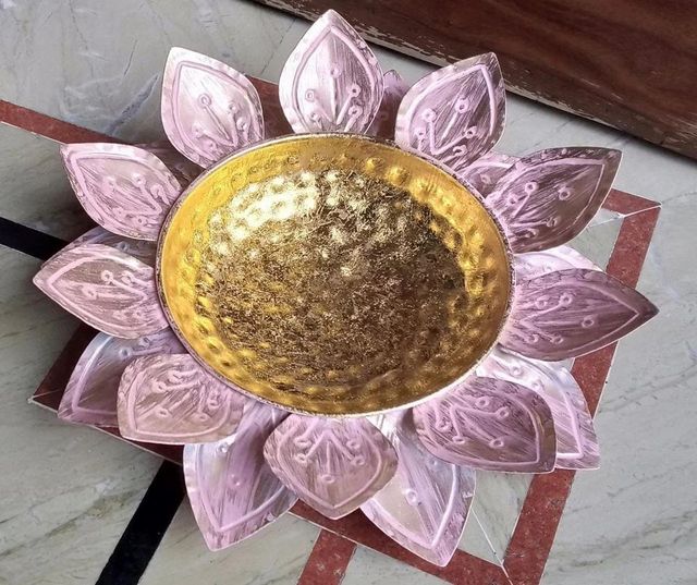 Golden & Pink Iron Flower Urli For Home Decoration (12 Inch) Color Golden Finish Glossy Capacity 500 ML Diameter 12 - Image 1