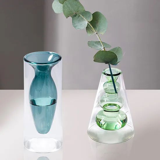 Double Wall Galss Flower Pot with Color Inner Creative Glass Vase - Image 4