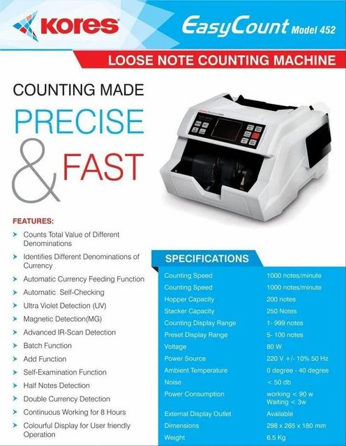 LED Loose Note Counting Machines, For Banks Brand Kores Display LED Model Name/Number 452 Usage/Application Banks Operating Duration 8 - Image 1