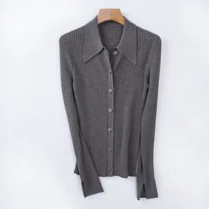 Most Popular Machine Washable Polo Collar Rib Knitted Button Merino Wool Cardigan - Image 2
