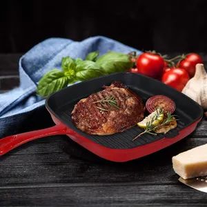 Non-Stick Red Color Frypan Hot Sell Square Cast Iron Griddle for Beef Steak - Image 5