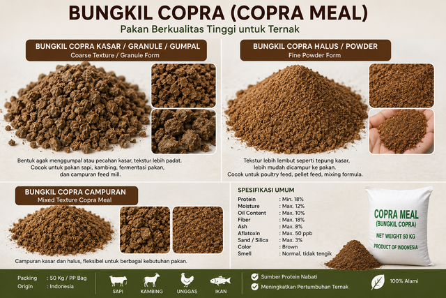 Copra Meal. Copra Cake Max. Moisture (%) 13% Port semarang indonesia Packaging 25 kg costume Product Type Animal Feed Place of Origin indonesia - Image 1