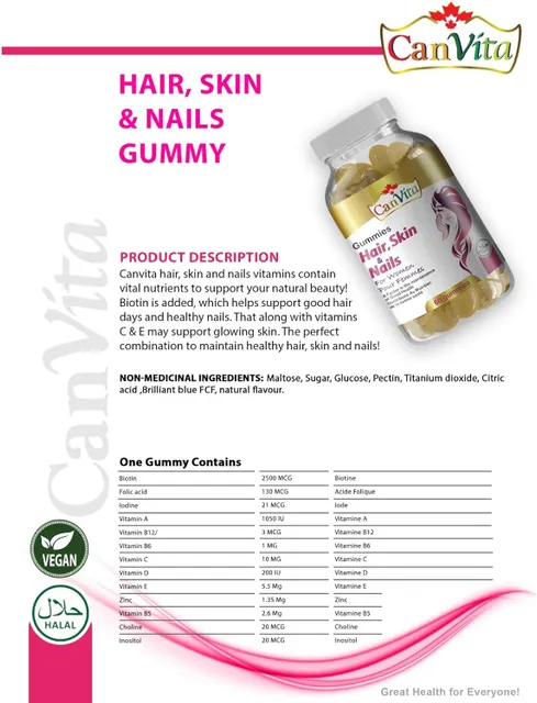 Canvita Hair, Skin and Nails Halal & Vegan Gummy made in Canada all vitamins you need 60/bottle - Image 8