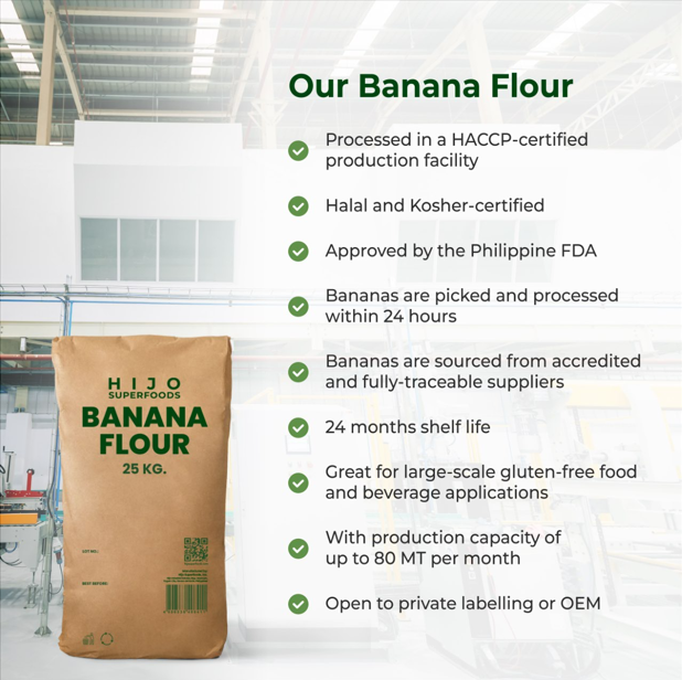 Green Banana Flour Max. Moisture (%) 10 Shelf Life 24 months Place of Origin Philippines Ingredients Cavendish banana Brand Name Hijo Superfoods Banana - Image 3