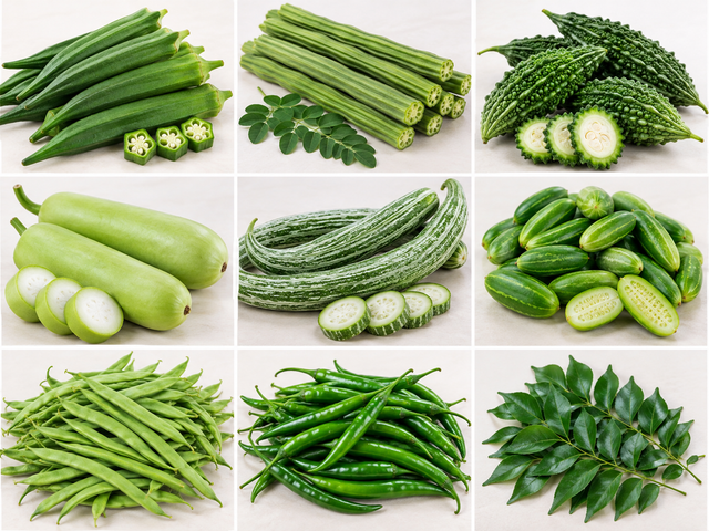 Okra, Drumstick / Moringa, Bitter Gourd, Bottle Gourd, Snake Gourd, Ivy Gourd, Cluster Beans / Gawar, Green Chilli, Curry Leaves - Image 1