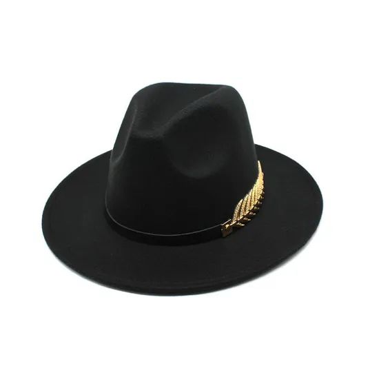 Cutsom Logo Woolen Felt Hat Panama Jazz Fedoras Hats with Metal Leaf Flat Brim Formal Party and Stage Top Hat for Women Men - Image 3