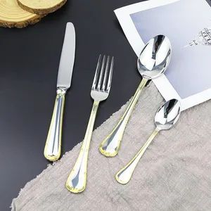 304 Stainless Steel Dinnerware with Gold Edging Pattern Set of Four Pieces - Image 5