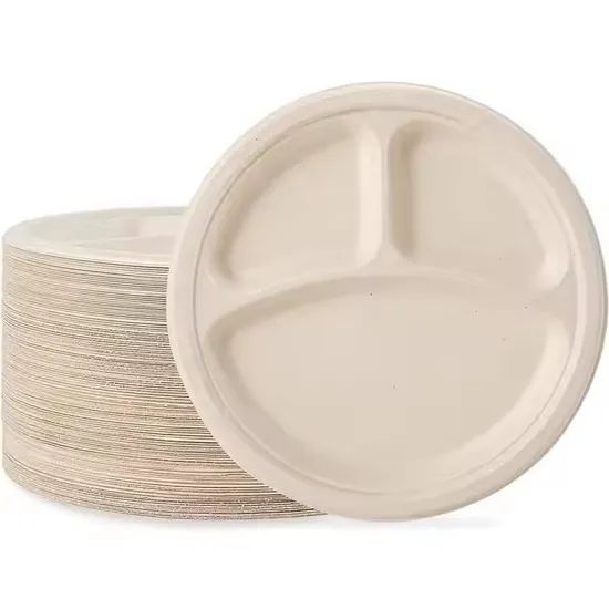 Pfas Free Biodegradable10" 3-Compartment Plates Disposable Paper Plates Lunch Trays - Image 1