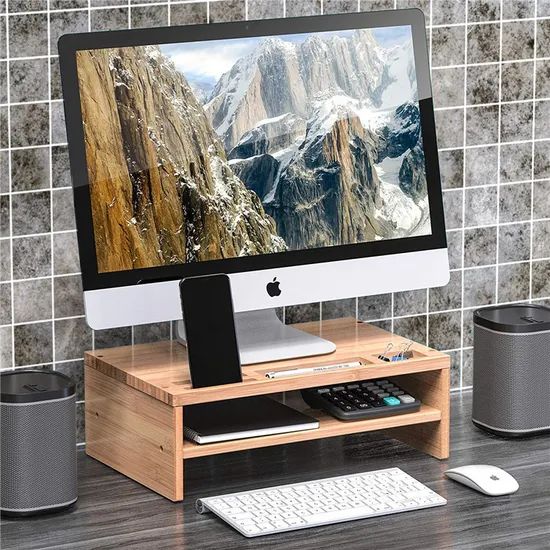 Double-Layer Bamboo Desktop Storage Shelf Computer Riser Monitor Stand - Image 1