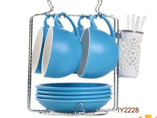Blue White Ceramic Espresso Coffee Tea Cups & Saucers Set W/ Storing Rack - Image 2