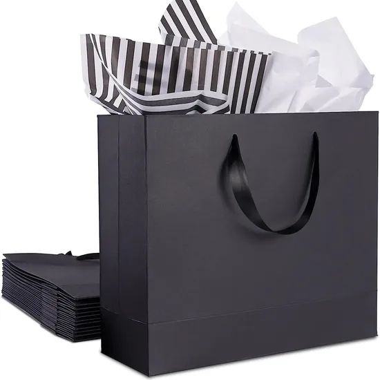 Customize Logo Black Luxury Shopping Tote Paper Bags with Ribbon Handles - Image 4