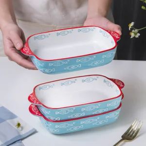 Bakeware Rectangle Deep Plate Household Oven Ceramic Baking Dish with Two Handles - Image 1