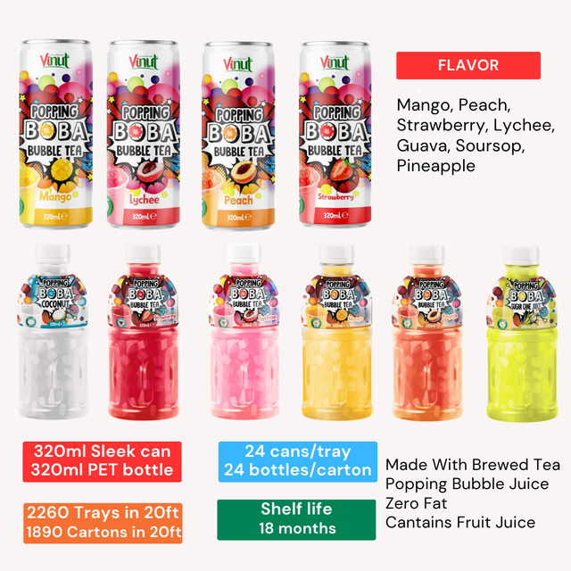 Wholesale Price Popping Boba Bubble Tea Mango, Lychee, Peach, Strawberry Juice Drink 330ml VINUT | Private Label Free Sample OEM - Image 4