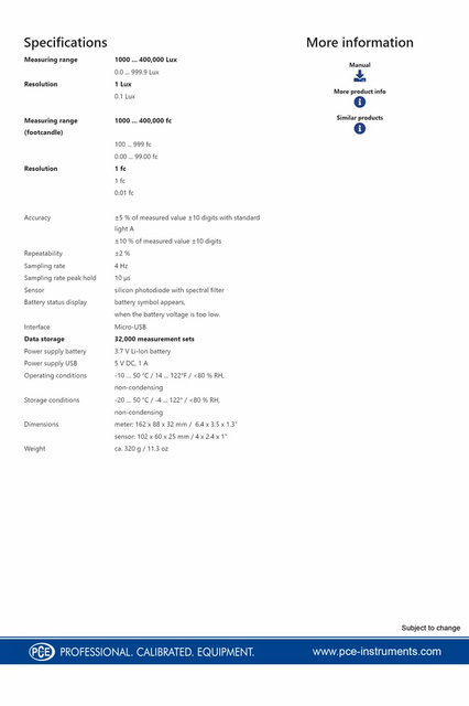 PCE INSTRUMENTS Light Meter PCE-LMD 10 Sampling Rate 4 Hz Repeatability ±2 % Interface Micro-usb Brand PCE INSTRUMENTS Resolution 0.1 Lux, 1 - Image 3