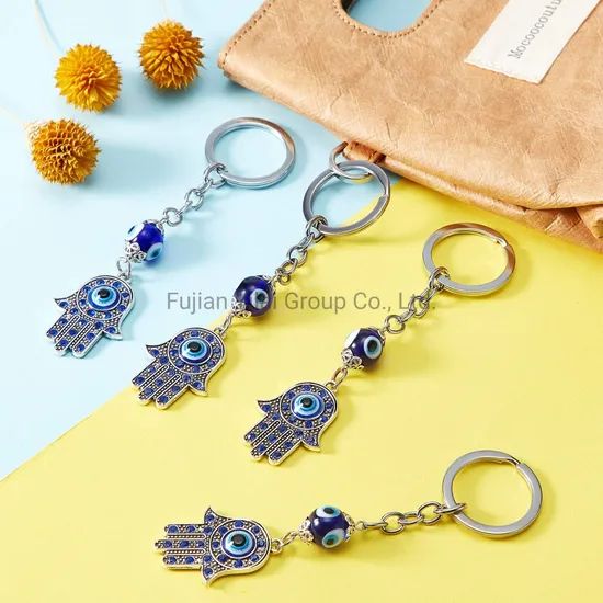 Custom Hand Rhinestone Crystal Blue Key Chain Lucky Metal Bracelet Evil Charms Pendant Eye Keychain - Image 3