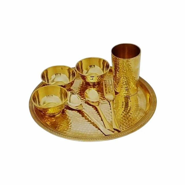 Brass Thali Set, For Home Size 10 Shape Round Material Brass Design Handcrafted Usage/Application Home Intended Use Authentic Indian - Image 3
