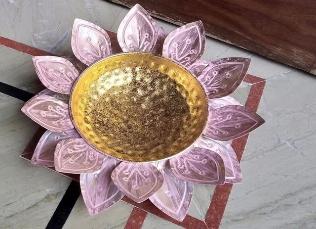 Golden & Pink Iron Flower Urli For Home Decoration (12 Inch) Color Golden Finish Glossy Capacity 500 ML Diameter 12 - Image 2