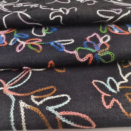 Tc Denim with Emb Min 1000m Width 51'' Technics Woven Drawn Embroidery Trademark Chatlee Model NO. CH-10636 HS Code 5810910000 - Image 1