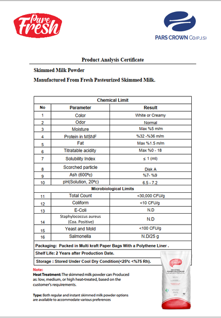 milk powder Odor Normal Ph 6.5-7.2 At 20°c E Coli Not Detected Color White Or Creamy Scorched Particle Disk A Ash Content 7-9% At - Image 1