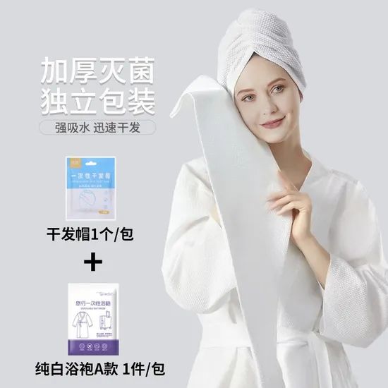 Absorbent and Quick-Drying Disposable Bathrobe and Hair-Drying Cap Set - Image 1