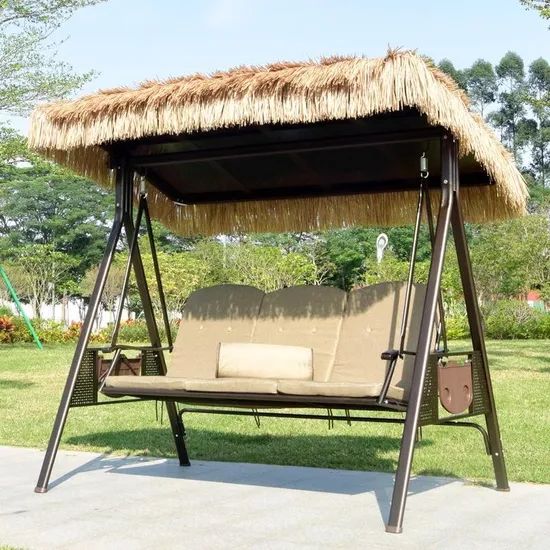 New Simulated Straw Canopy Aluminum Frame Rustproof Outdoor Patio Swings Bed - Image 4