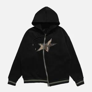 High Quality Warm Fleece Star Patchwork Irregular Zip Hoody - Image 2