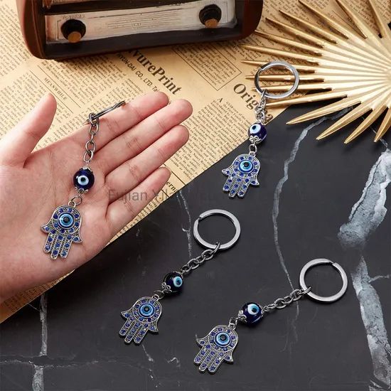 Custom Hand Rhinestone Crystal Blue Key Chain Lucky Metal Bracelet Evil Charms Pendant Eye Keychain - Image 4