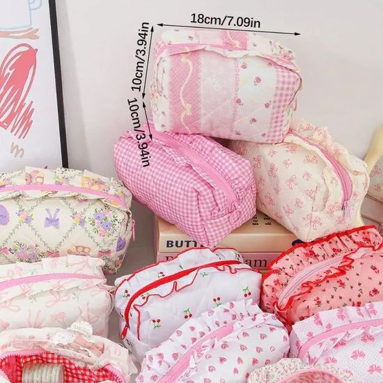 Floral Handle Quilted Cotton Cosmetic Bag Ruffle Makeup Pouch - Image 1