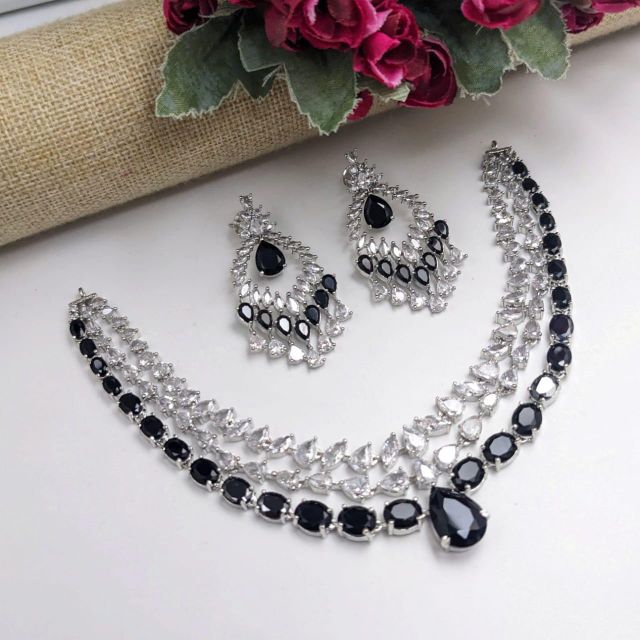 Designer Silver Plated Crystal Necklace Set with Earrings for Women | Bridal Wedding Jewelry Set | Imitation Diamond Choker Necklace & Drop Earrings for Party, Festive - Image 5