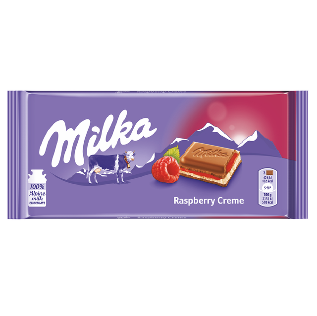 Milka Raspberry Creme Alpine Milk Chocolate 100g bars Features Gluten-Free Sweetener Cane Sugar, Honey Cocoa Content > 50 % - 70 % - Image 3