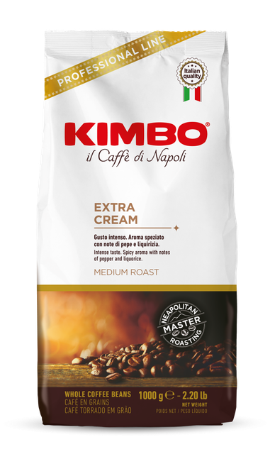 Kimbo Extra Cream Intensity High Origin Naples, Italy Caffeine Content Medium Roast Level Medium Roast Package Weight 1000g, 1000g (1kg) Vacuum-sealed Bag - Image 1