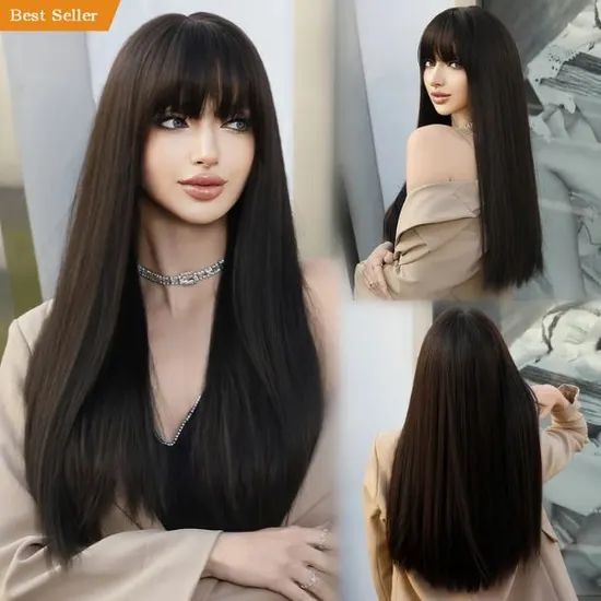 Wig Long Straight Perruques with Bangs Synthetic Wig - Image 1