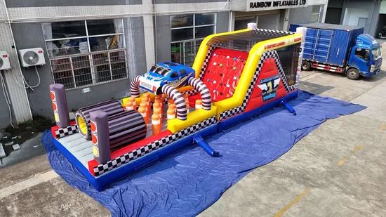 Racing-Themed Inflatable Obstacle Course with Car Decor and Climbing Wall - Image 1