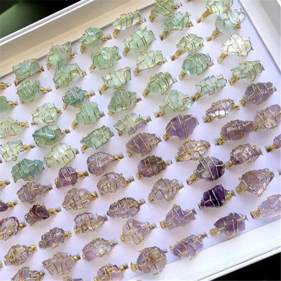 Handmade Winding Natural Stone Rough Stone Amethyst White Crystal Aquamarine Irregular Gemstone Finger Rings for Women - Image 4