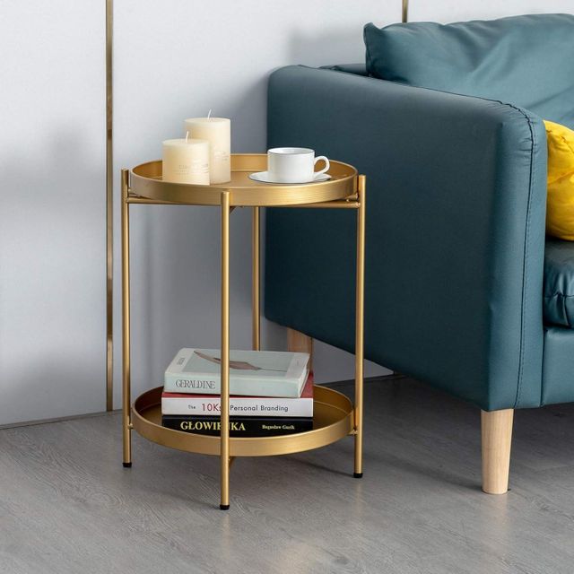 Luxury Gold Finish Two-Tier Foldable Metal Side Table for Living Room, Bedroom & Balcony | Round Iron Accent End Table - Image 2