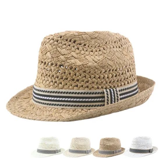 Summer Hand Braided Hollow Straw Paper Hat Stripes Tape Leisure Jazz Hat Men Woman Sunscreen Vacation Hollow Breathable Beach Top Hat - Image 1
