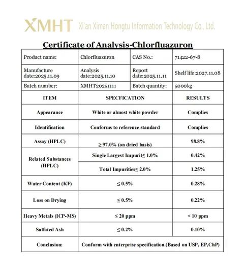Pest Control Chlorfluazuron Insecticide Chlorfluazuron State Solid Purity >99% Specific COA MW 540.654776 Density 1.626 Assay HPLC - Image 6