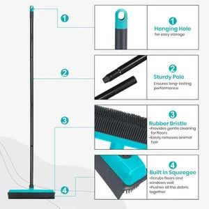 Pet Hair Removal Broom Carpet Rake Rubber Broom with Squeegee Rug Rake to Fluff Carpet - Image 4