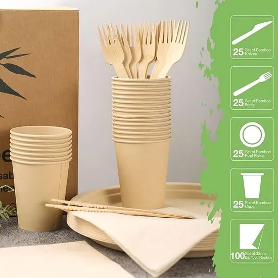 Disposable Bamboo Tableware Set, Bamboo Plate, Spoon, Knife and Fork Set, Picnic Tableware Set. - Image 1