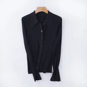 Most Popular Machine Washable Polo Collar Rib Knitted Button Merino Wool Cardigan - Image 4