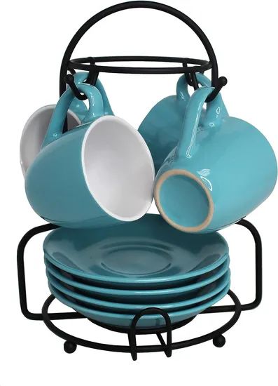 Blue White Ceramic Espresso Coffee Tea Cups & Saucers Set W/ Storing Rack - Image 5