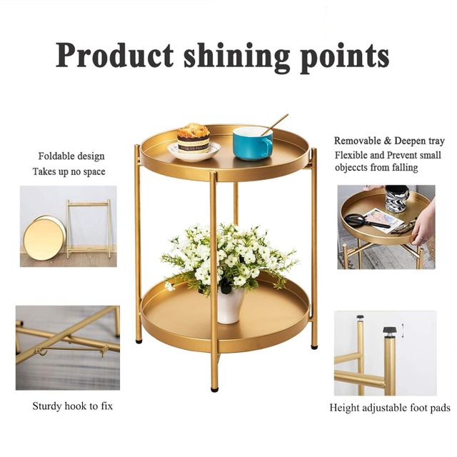 Luxury Gold Finish Two-Tier Foldable Metal Side Table for Living Room, Bedroom & Balcony | Round Iron Accent End Table - Image 3