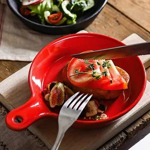 Kitchen Bakeware Breakfast Plate Ceramic Baking Round Tray with Handles - Image 2