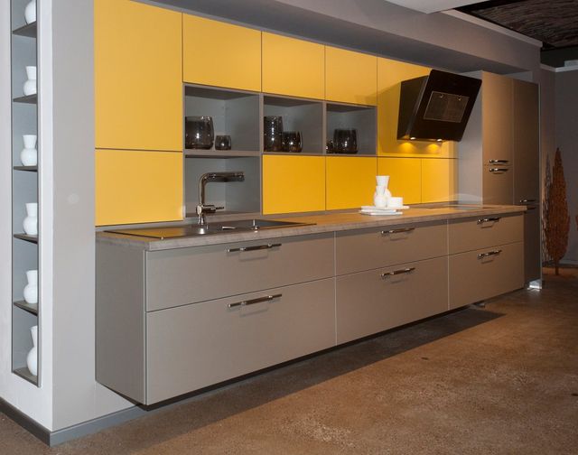 Straight Modern Acrylic Modular Kitchen Material Acrylic Appearance Modern Finish type Lacquer Colour Yellow, grey Pattern Design - Image 1